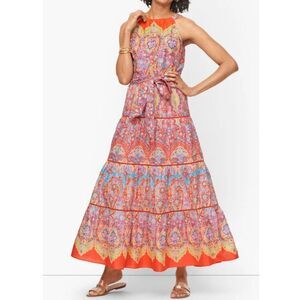 TALBOTS Tiered Halter Medallion Orange Floral BoHo Vacation Maxi Dress Size 2/XS